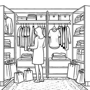 Faszinierender Wäscheschrank mit eleganten Outfits Ausmalvorlage für kleine Modezauberer