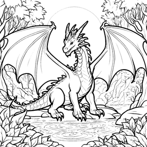 Majestätischer Drache auf einem Felsen im Wasser Ausmalvorlage für furchtlose Abenteurer