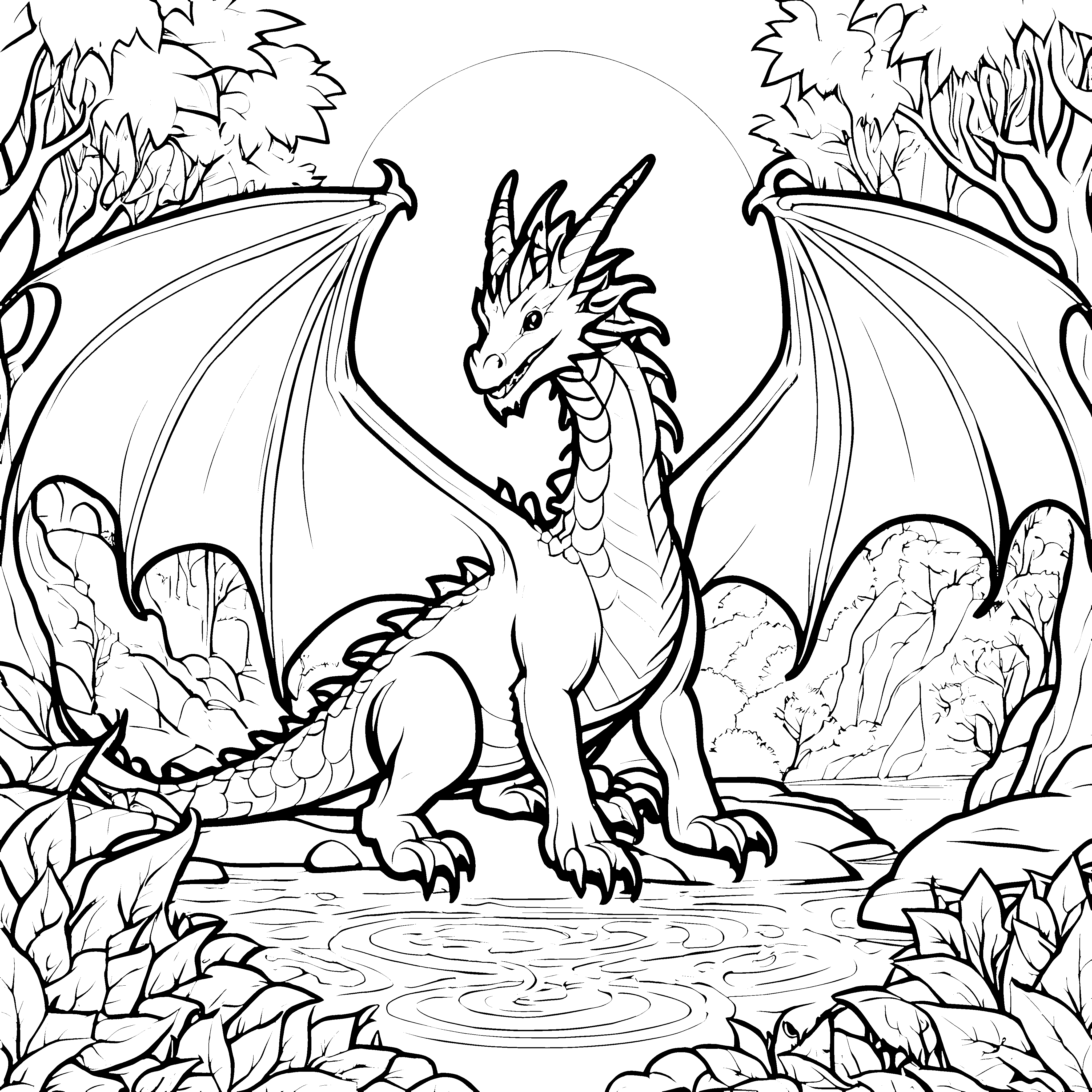 Majestätischer Drache auf einem Felsen im Wasser Ausmalvorlage für furchtlose Abenteurer