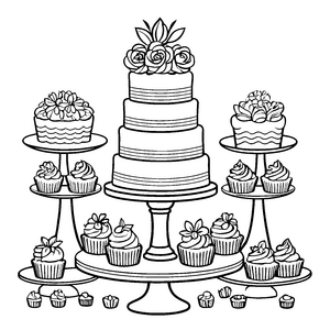 Kunterbunter Cupcake-Turm mit Blumen Malvorlage für kleine Kreativkünstler