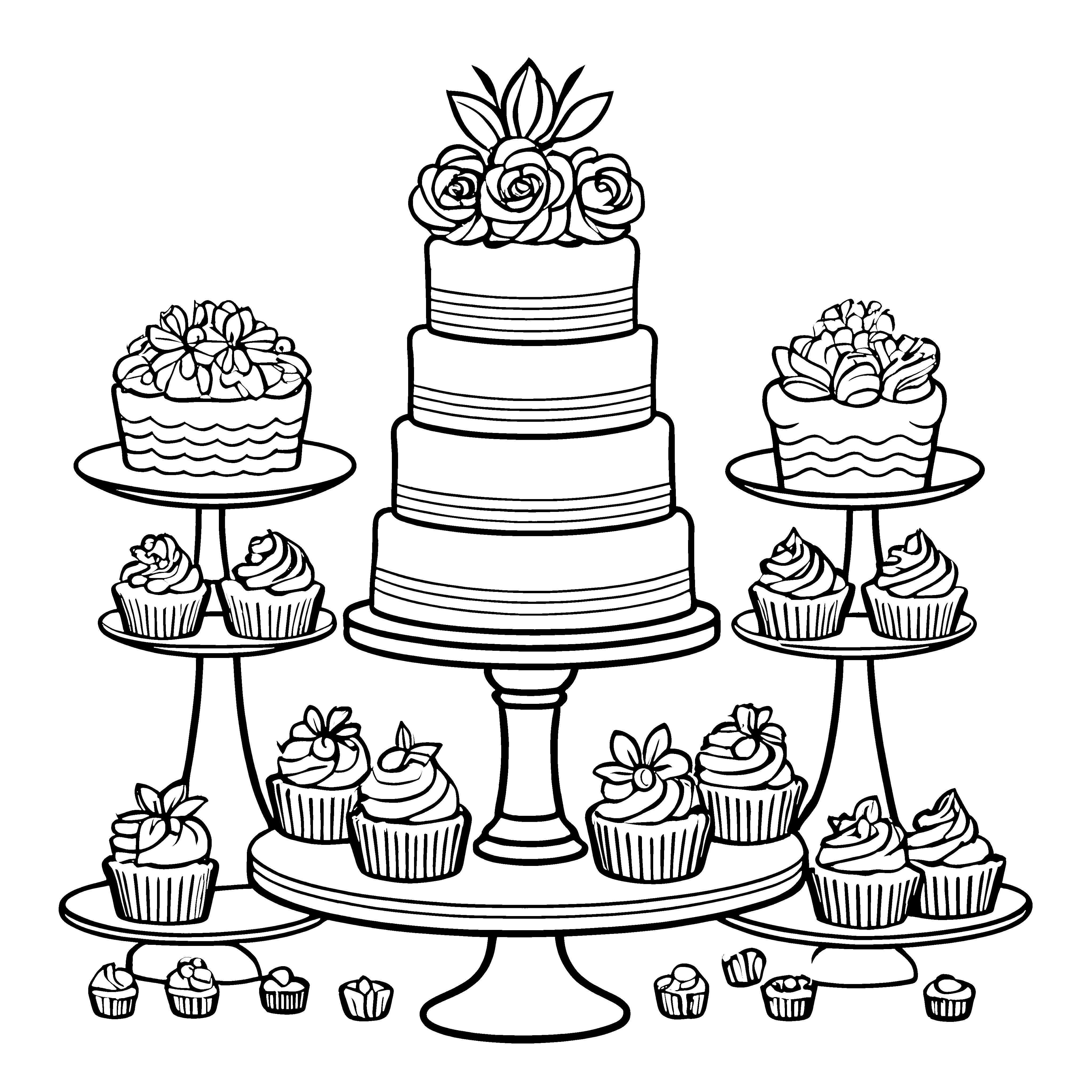 Kunterbunter Cupcake-Turm mit Blumen Malvorlage für kleine Kreativkünstler