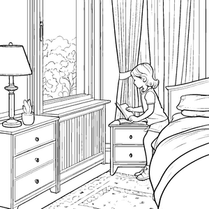 Träumende kleine Leserin am Fenster mit Buch Ausmalbild für fantasievolle Entdecker