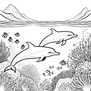 Schwimmende Delfine umgeben von bunten Fischen Ausmalmotiv für kleine Wasserliebhaber mit großen Phantasien
