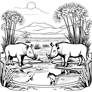 Zwei neugierige Warzenschweine am ruhigen Teich Ausmalmotiv für abenteuerliche Tierfreunde