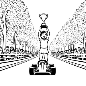 Siegreiches Go-Kart mit jubilierender Fahrerin und Klatschenden Zuschauern Ausmalbild für kleine Champion-Träumer
