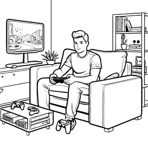 Junger Gamer auf dem Stuhl mit Controller Malvorlage für träumende Technikgenies