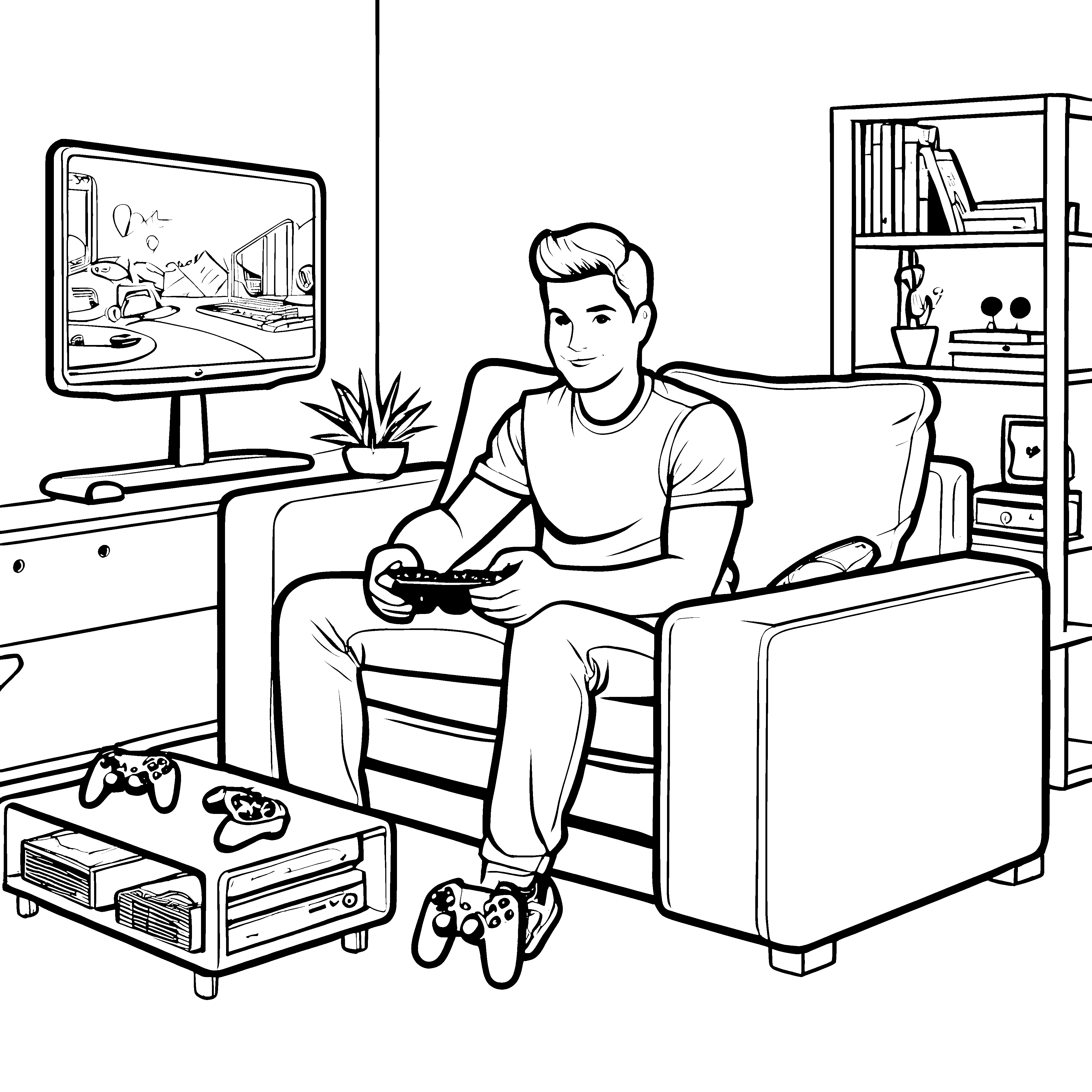 Junger Gamer auf dem Stuhl mit Controller Malvorlage für träumende Technikgenies