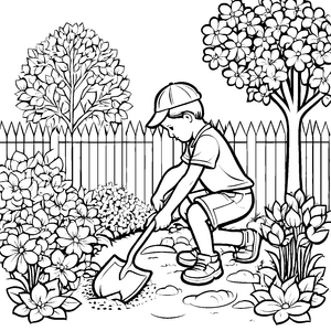 Kleiner Junge in Aktion mit Schaufel im Garten Malmotiv für aufstrebende Gartenprofis