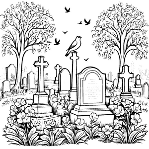 Bezaubernde Grabsteine mit singendem Vogel im Friedhof Ausmalmotiv für kleine Entdecker und neugierige Forscher