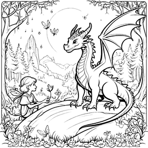 Freundlicher Drache teilt Snack mit abenteuerlustigem Mädchen Ausmalbild für neugierige Entdecker