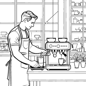 Kaffeemaschine mit frischem Kaffee und zwei Tassen Ausmalbild für kleine Genussfreunde