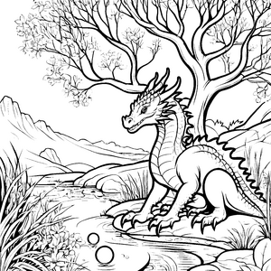 Majestätischer Drache neben beruhigendem Wasserlauf Ausmalvorlage für träumende Entdecker