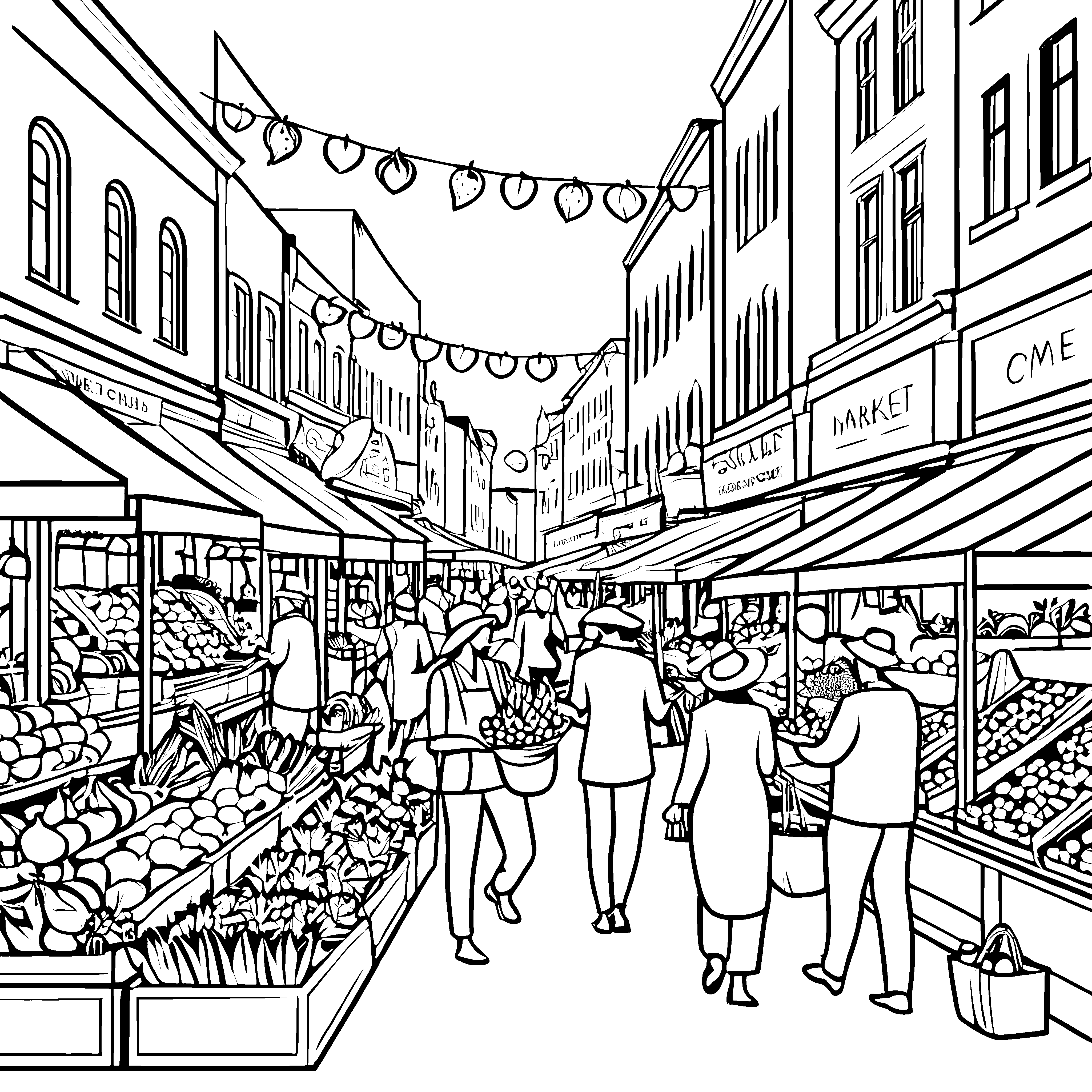 Dynamischer Bauernmarkt mit zahlreichen Einkäufern Ausmalbild für neugierige kleine Feinschmecker und kreative Entdecker