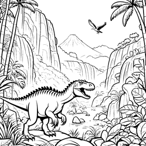 Fasziner Giganotosaurus in tropischer Landschaft Ausmalbild für kleine Dino-Abenteurer