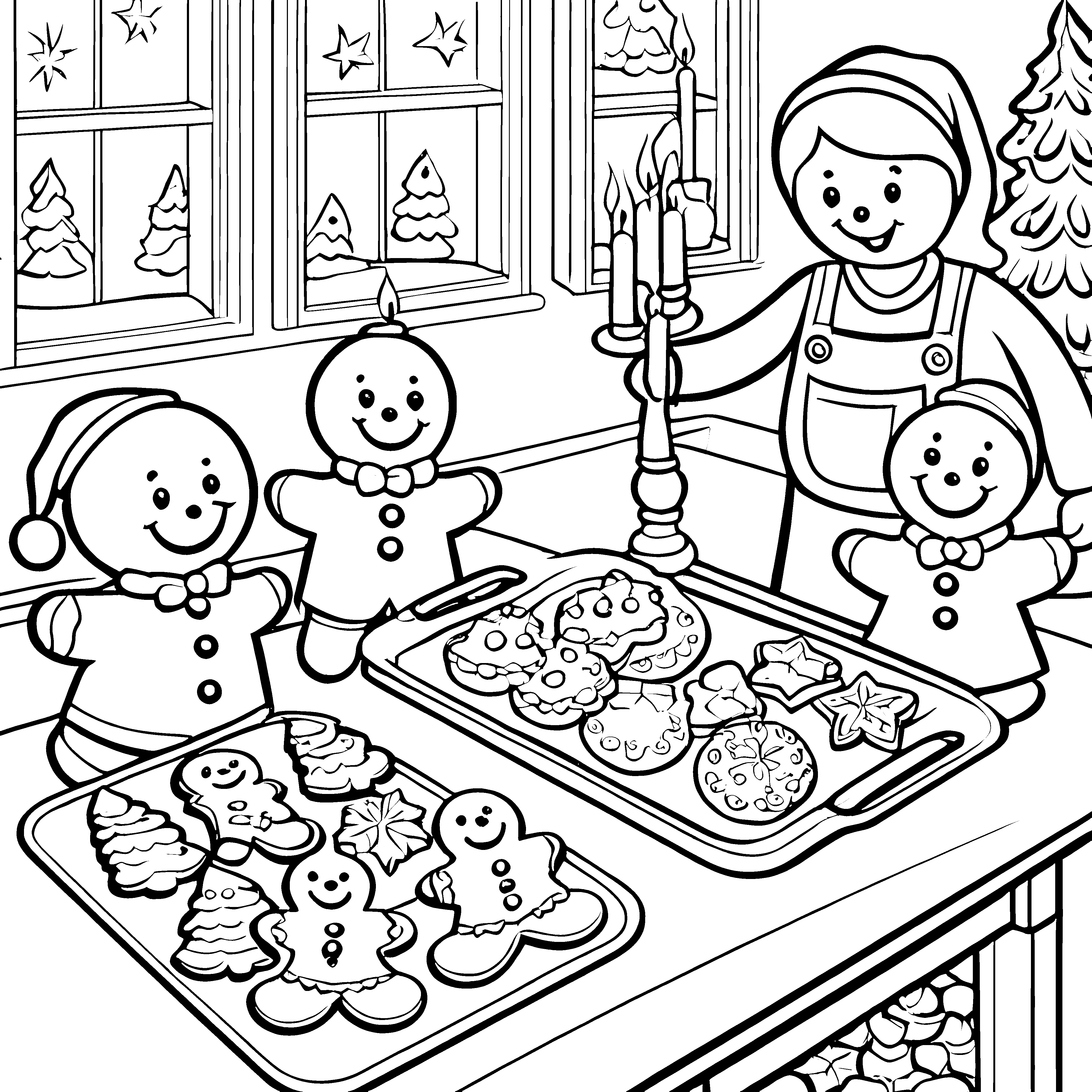 Verspielte Frau mit Lebkuchenmännern im Küchenzauber Ausmalvorlage für kleine Weihnachtshelden