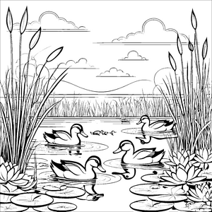 Schwimmende Entenfamilie im ruhigen Teich Ausmalbild für neugierige Naturfans