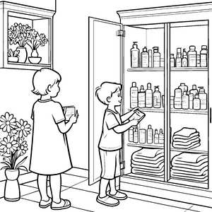 Zwei neugierige Kinder entdecken den Medizinschrank Ausmalbild für kleine Entdecker und kreative Gesundheitsforscher
