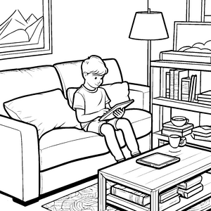Moderne Person auf der Couch mit Tablet Malvorlage für neugierige Forschungsmäuse