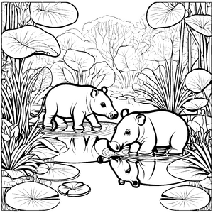 Zwei abenteuerliche Tapir Jungtiere am glitzernden Teich Ausmalmotiv für neugierige Forscher und kleine Künstler