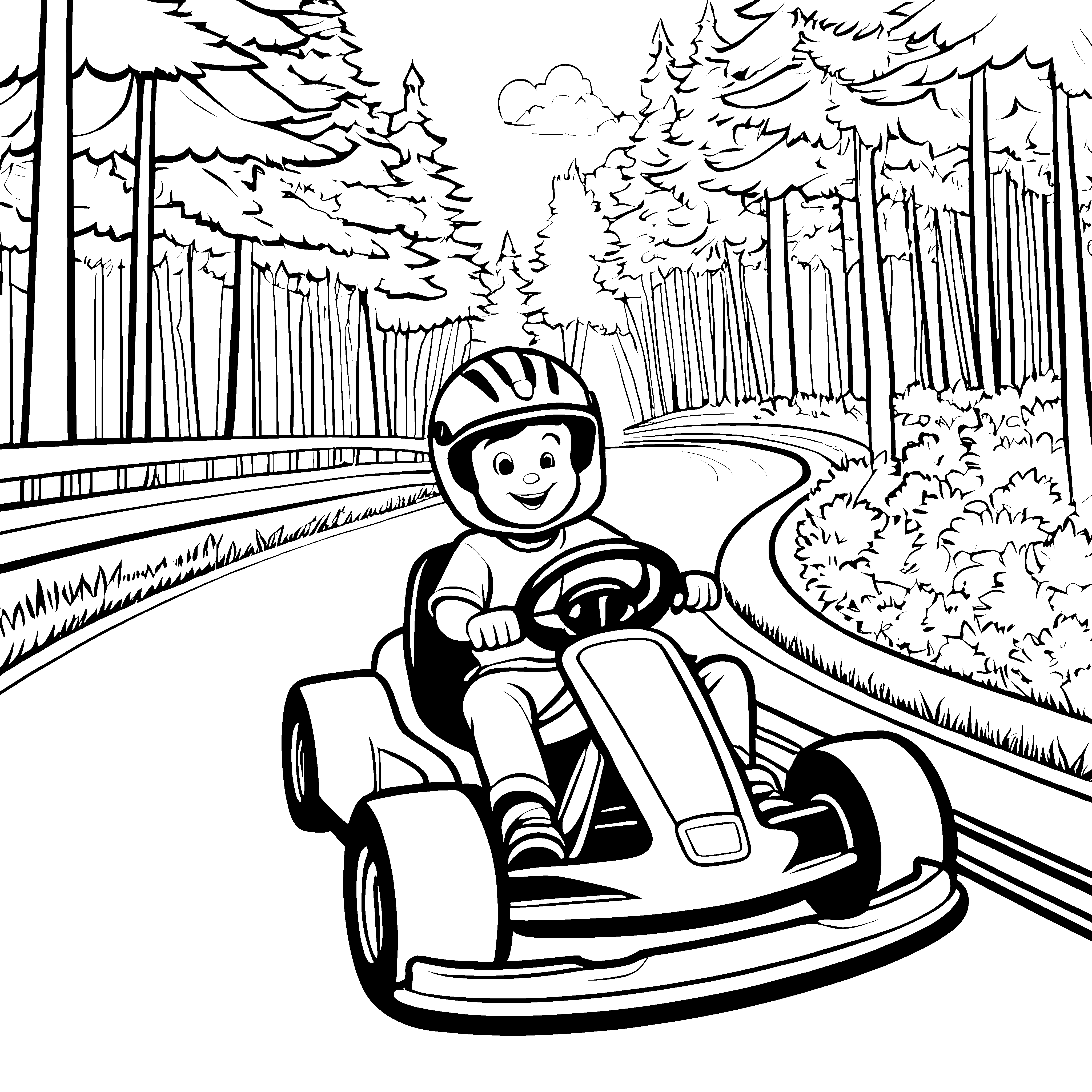 Spassiges Go-Kart mit strahlendem Fahrer und rasanten Bäumen Ausmalmotiv für kleine Geschwindigkeitsträumer