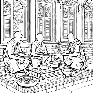 Meditativer Mönch mit Schalen im Innenhof Malvorlage für friedliche Entdecker mit kreativem Geist