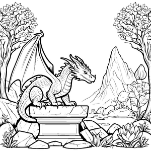 Majestätischer Drache auf steinigem Block Malvorlage für kleine Abenteurer