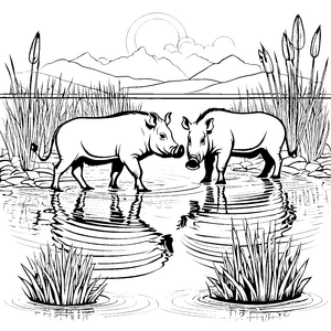 Faszinierende Warzenschweine am glitzernden Teich Ausmalvorlage für kleine Tierliebhaber