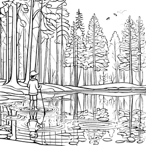 Faszinierender Angler am ruhigen See Ausmalbild für kleine Naturforscher