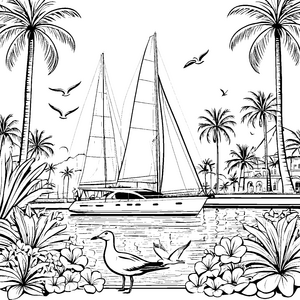 Majestätische Yacht umgeben von Palmen und Vögeln Ausmalbild für abenteuerlustige Wassermäuse