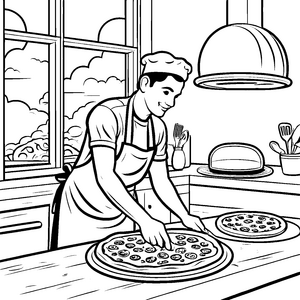 Kreativer Pizzabäcker bei der Teigzubereitung Ausmalbild für junge Kochabenteurer