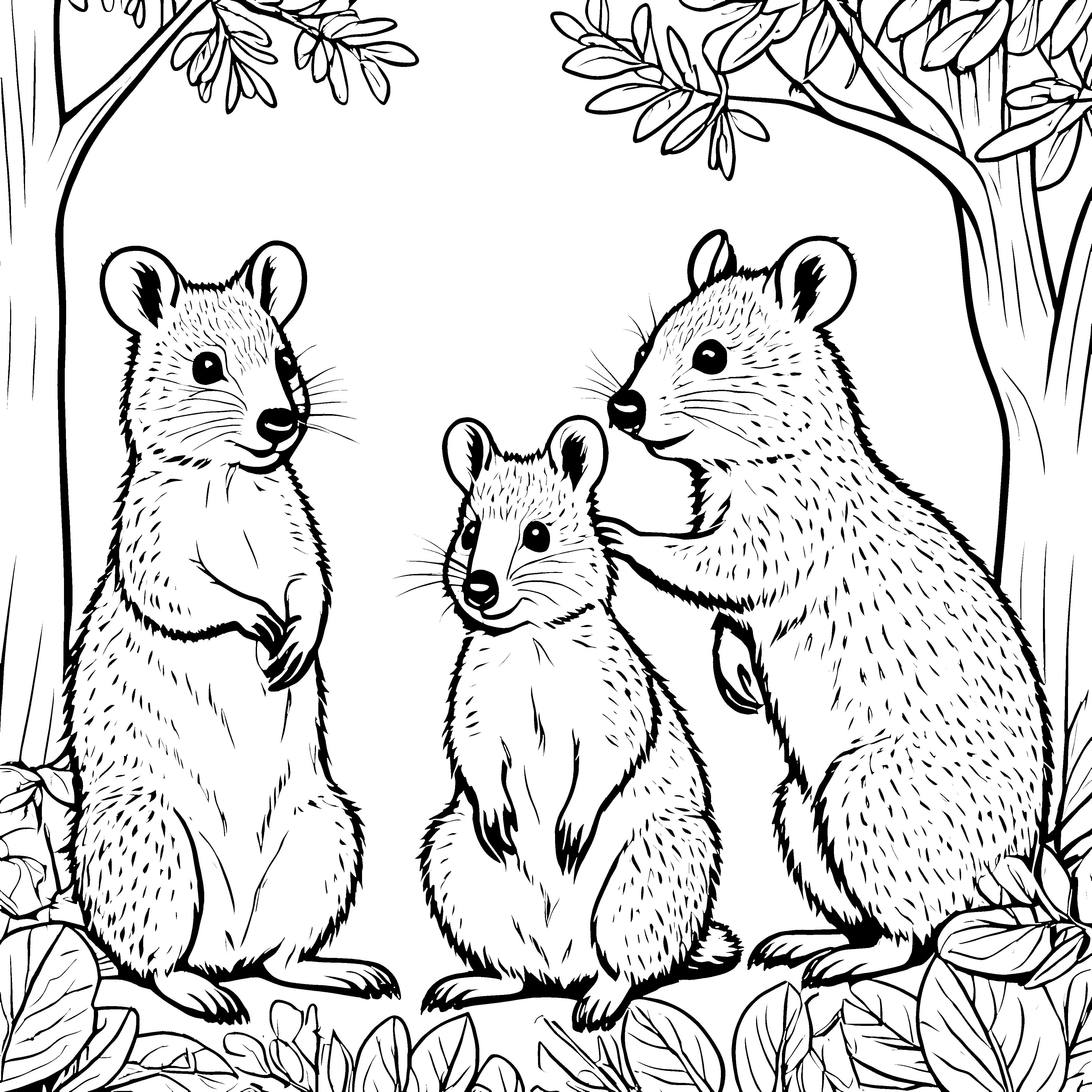Lustige Quokkas im bunten Blumenfeld Malvorlage für neugierige Entdecker