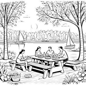 Fröhliche Picknickgesellschaft am Tisch im Park Ausmalbild für neugierige Familienabenteurer und kreative Naturfreunde