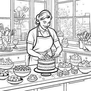 Kreative Bäckerin zaubert köstlichen Kuchen im Wonderland Ausmalbild für kleine Kunsthandwerker