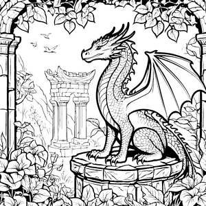 Bezaubernder Drache auf kunstvollem Sockel Ausmalbild für fantasievolle Entdecker
