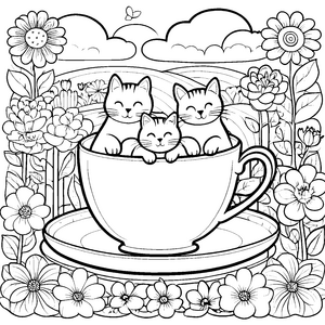 Süße Katzenbande in großer Teetasse Ausmalvorlage für kreative Tierfreunde
