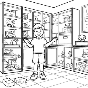 Verschmitzter Junge mit Spielzeug neben Mehrzweckschrank Malvorlage für fantasievolle Entdecker und neugierige Entdeckerherzen