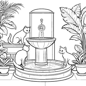 Faszinierender Trinkbrunnen mit neugierigen Katzen Ausmalmotiv für kleine Entdecker auf Samtpfoten