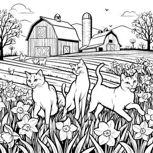 Fröhliche Bauernhofkatzen im blühenden Feld Ausmalvorlage für kleine Entdecker