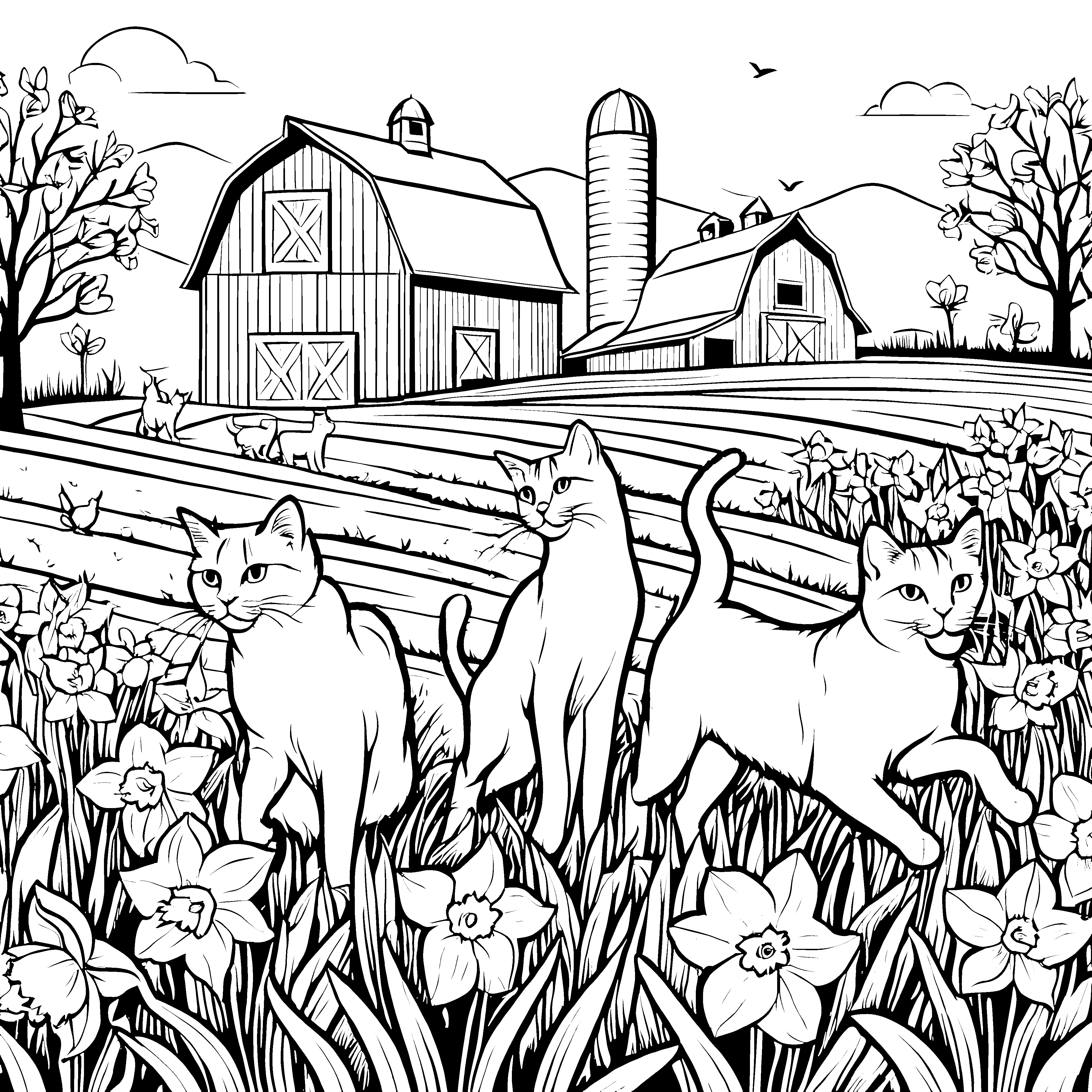 Fröhliche Bauernhofkatzen im blühenden Feld Ausmalvorlage für kleine Entdecker