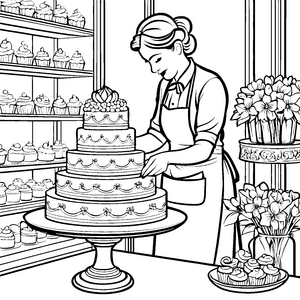 Kreative Bäckerin dekoriert fantasievolle Hochzeitstorte Malbild für kleine Genusskünstler