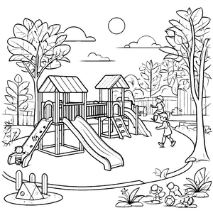 Abenteuerlicher Spielplatz mit bunten Rutschen Ausmalvorlage für neugierige Entdecker