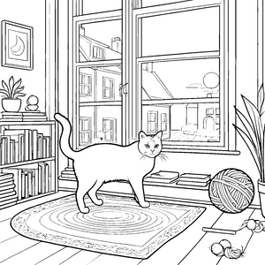 Charmante Britisch Kurzhaar Katze im gemütlichen Wohnzimmer Ausmalvorlage für kreative Stubentiger-Fans