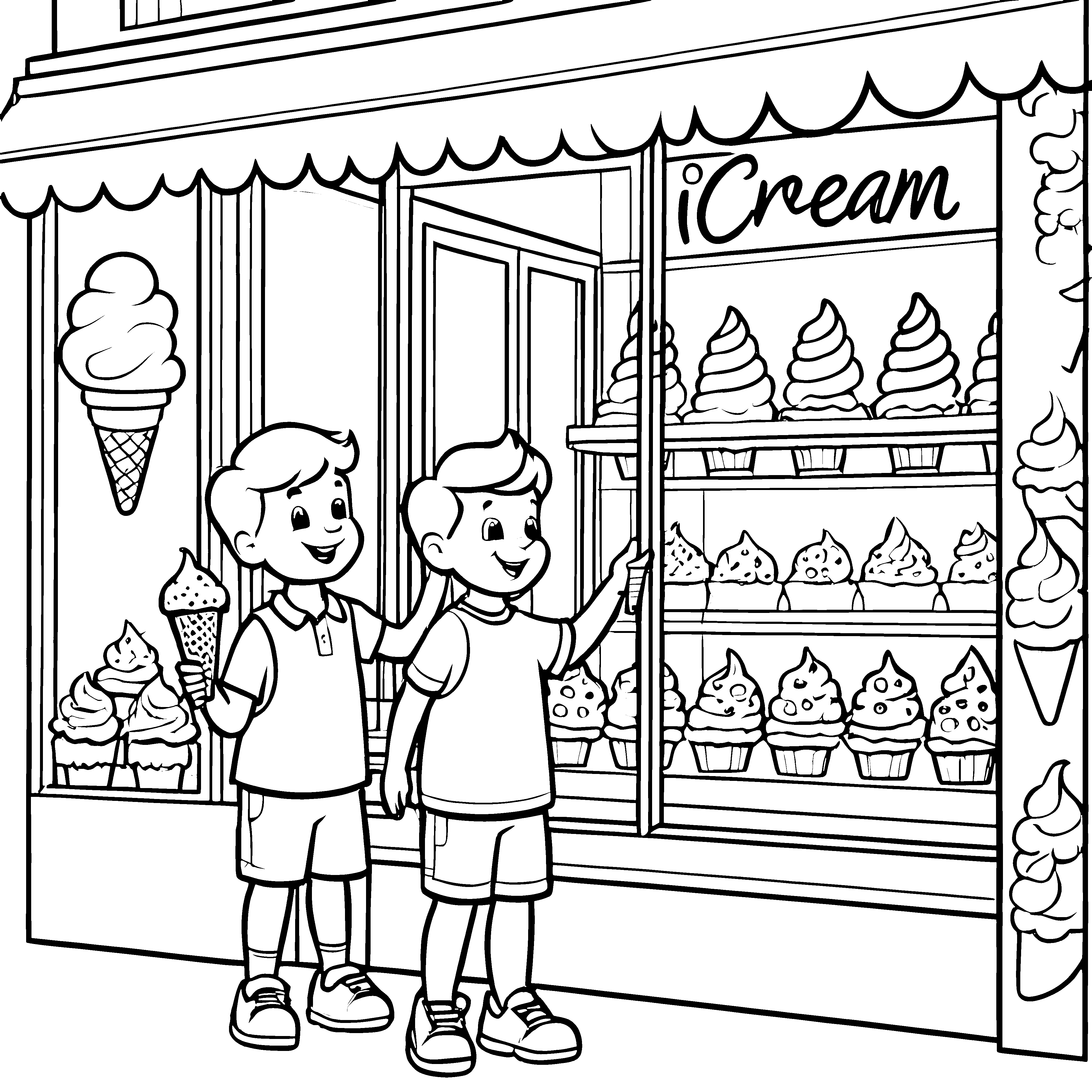 Zwei neugierige Kinder vor buntem Eissalon Ausmalmotiv für kleine Geschmacksentdecker und kreative Köpfe