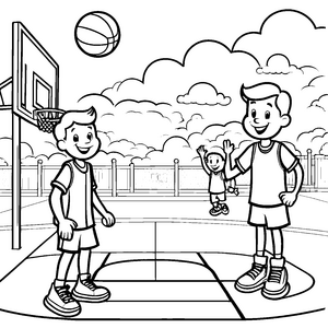 Spaßige Basketballspiele mit fröhlichen Freunden Ausmalbild für flinke Nachwuchsspieler