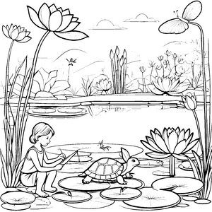 Fascinierende Lotusblüten mit neugieriger Schildkröte Ausmalbild für kleine Naturforscher
