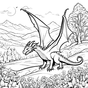Majestätischer Drache auf grüner Wiese Ausmalbild für neugierige Drachenliebhaber