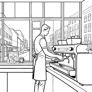 Zwei elegante Kaffee-Tassen neben der Kaffeemaschine Ausmalvorlage für aufstrebende Baristas