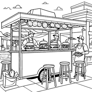 Kreativer Koch zaubert köstliche Hamburger auf dem Grill Ausmalbild für hungrige Küchenzauberer
