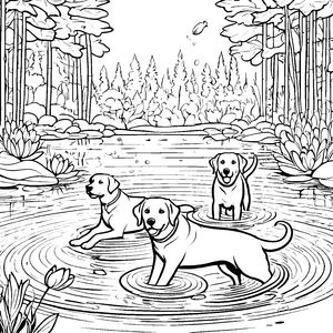 Drei süße Labrador-Welpen im erfrischenden Wasser Ausmalvorlage für abenteuerlustige kleine Tierliebhaber