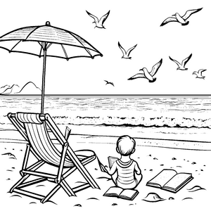 Junge mit spannendem Buch unter dem Sonnenschirm Ausmalvorlage für fantasievolle Strandabenteurer